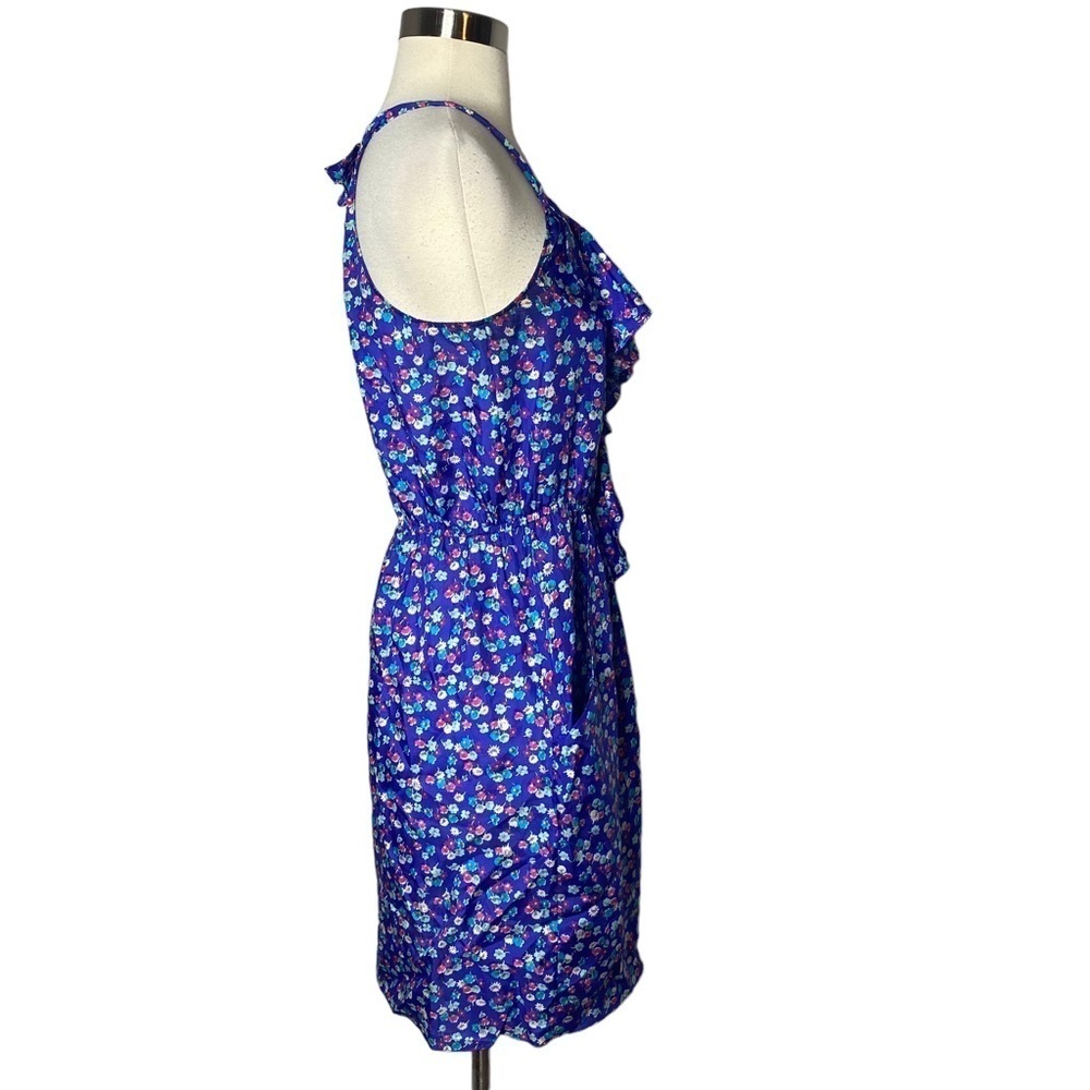 REBECCA Taylor 100% Silk Mini Ruffle Dress With Pockets | Blue Multi - Picture 4 of 7